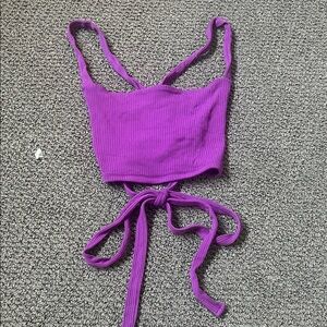Purple Ribbed Tie-back Crop Top